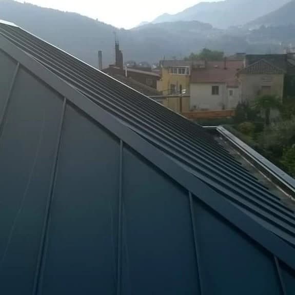 Una falda aggraffata antracite che sale al displuvio, chiuso dal suo cappello; sotto, le case del paese.