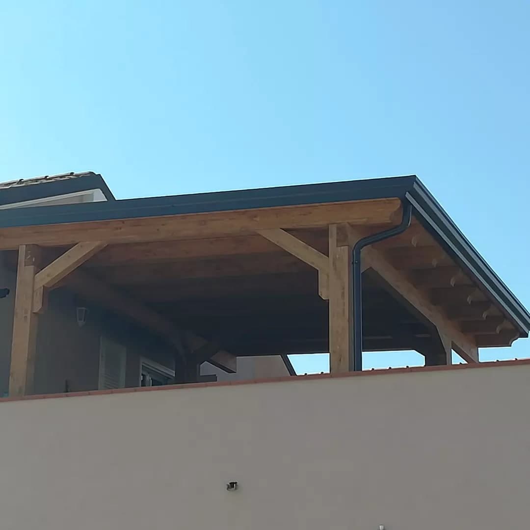 Dal giardino, la tettoia sopra il parapetto del terrazzo: i pilastri con le saette, la trave e i travetti, la gronda e il pluviale scuri; a sinistra il muro della casa con la porta finestra.