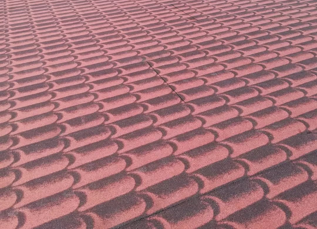 Il manto della tettoia da vicino: guaina ardesiata rossa stampata a coppi, con le ombre scure di ogni fila.