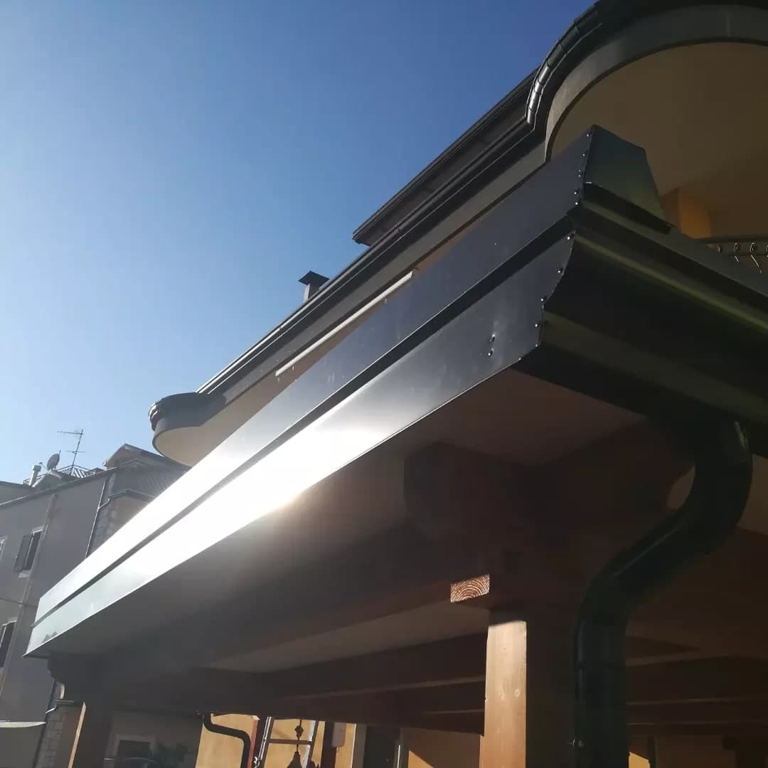 Da sotto, contro il cielo, la faccia a cornice testa di moro lungo il fianco della tettoia, lucida al sole, e il pluviale scuro con il collo d’oca; sopra, il balcone della casa con il bordo tondo.