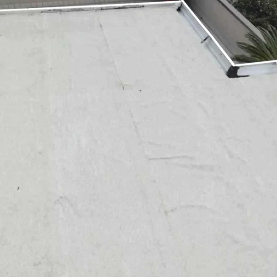 Il tetto della tettoia dall’alto: la guaina ardesiata grigio chiaro a teli, la gronda bianca che gira attorno alla rientranza, con le staffe nella bocca e il nero della sigillatura negli angoli; oltre la gronda il parapetto del terrazzo e le foglie della cycas.