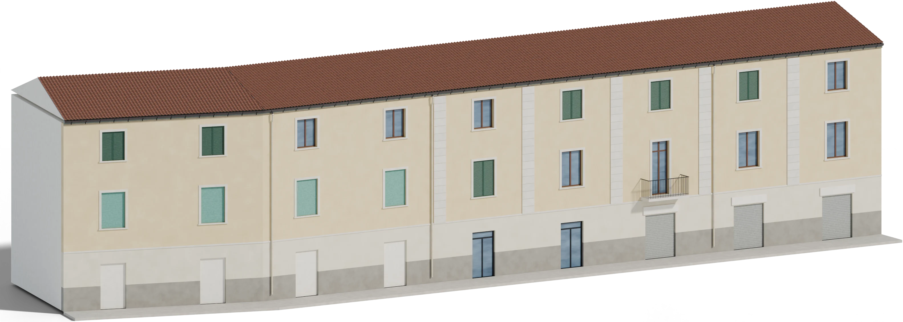 La facciata, dopo: La gronda nuova, scura, sulle staffe esterne.